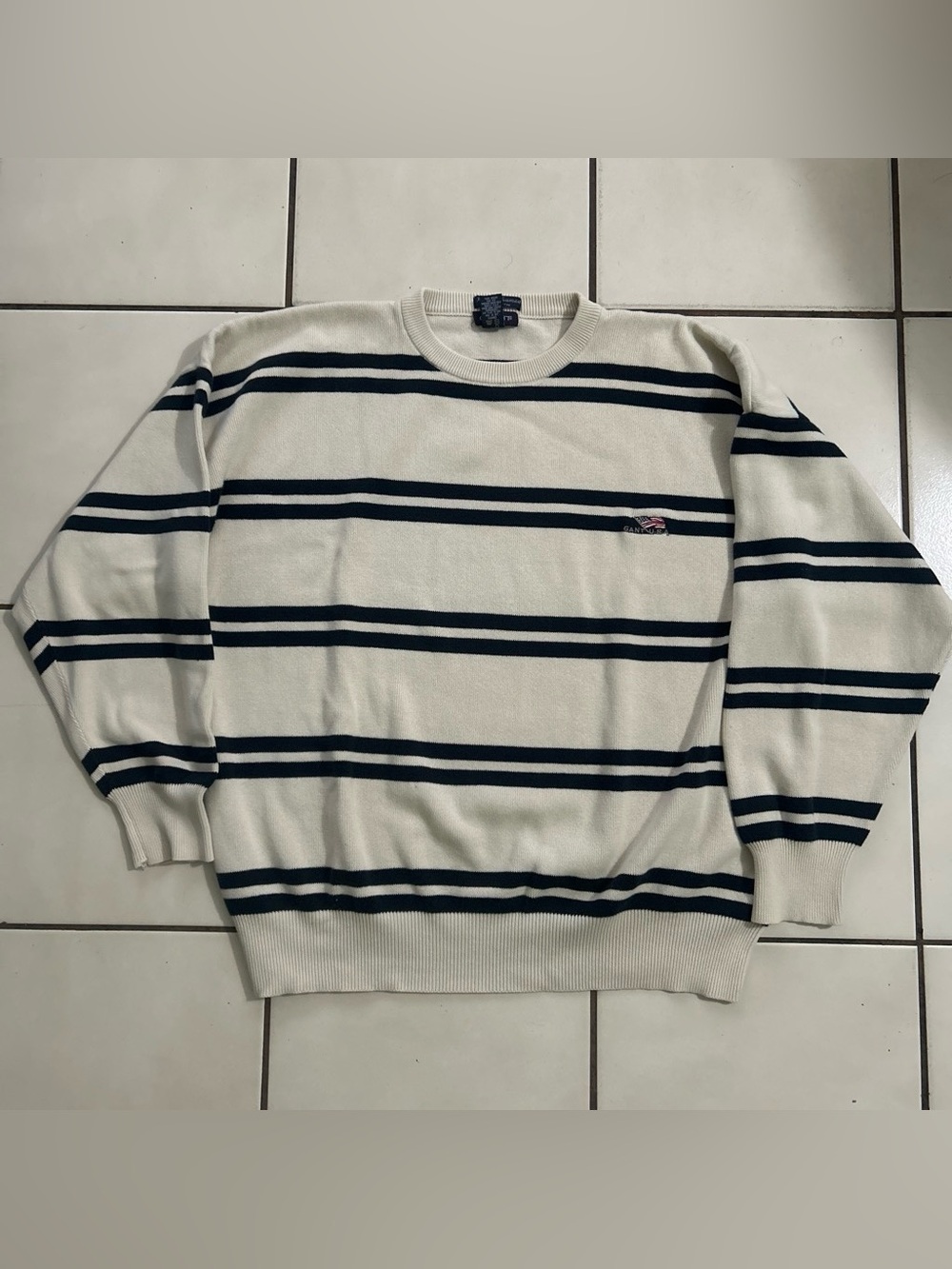 Vintage GANT Hand Framed Crewneck Sweater Cream W Navy Stripes L